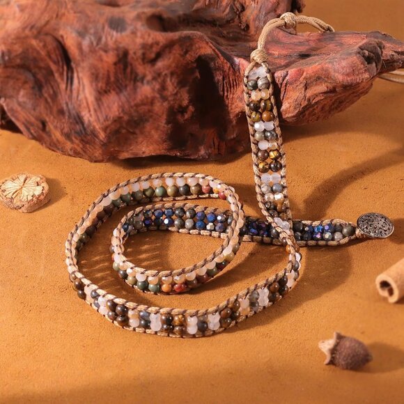 Boho Beaded Wrap Bracelet Natural Stones Brown Adjustable Gift for Women - Picture 9 of 9